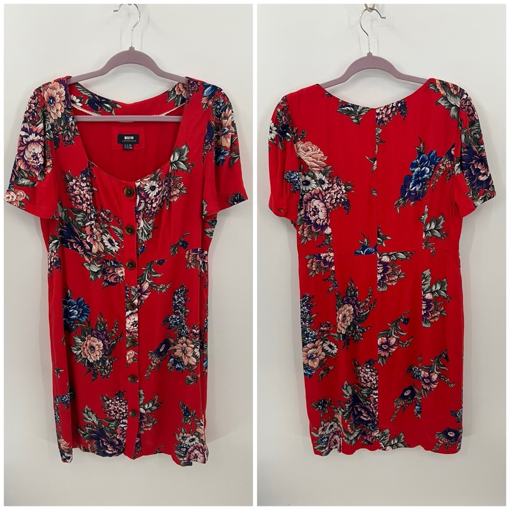 Anthropologie Maeve Caldwell red floral button front dress